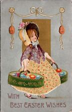 Easter Postcard Well Dressed Little Girl Carrying Baskets of Colored Eggs picture