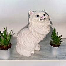 Vintage MCM Persian Large Pearl White Ceramic Cat 14” Blue Eyes Sitting Statue picture