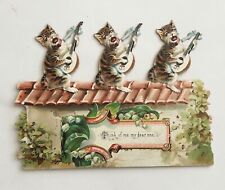 Antique Die Cut Mechanical Kitties Cats Playing Mandolin Greeting Card picture
