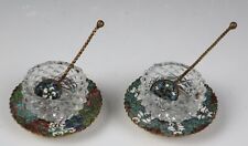 Pair Antique French Champleve Enamel & Diamond Point Glass Salt Cellar w/Spoon B picture
