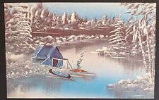 Roughing it Out Tent on a River Snowy Backgroubd Art Postcard   Eau Claire picture
