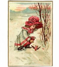 Victorian Trade Card Girl 1890's Christmas Schnull-Krag Coffee Child Winter Bird picture
