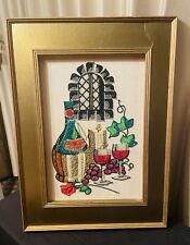 Vintage Framed Gravel Art Still Life Of Wine Bottle Grapes & Glasses 18x25” picture
