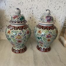 Pair Vintage Handpainted Chinese Celadon  Porcelain Ginger Temple Jars 8