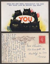 1938 Cat Postcard – Six Black Cats for Good Luck picture