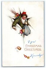 1916 Christmas Greetings Santa Green Robe Sack Of Toys Gift Trumpet Postcard picture