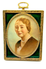 Vntg Hand Painted Portrait of Lady in Vintage Frame with Green Glass Border JCS picture