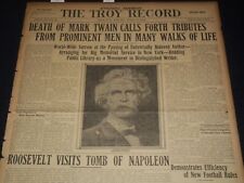 1910 APRIL 22 TROY RECORD NEWSPAPER - DEATH OF MARK TWAIN - NT 9574 picture