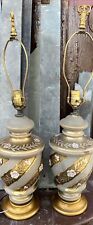 TRUE VINTAGE PAIR Glass Applied Flowers Table Lamps Floral Wood Base 29” picture