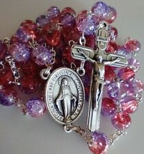Beautiful Catholic Purple Red Pink Crackle Glass Rosary  picture