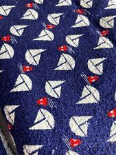 VTG 60'S NAVY BLUE&WHITE SAILBOAT PRINT FRENCH TERRY CLOTH COTTON 2 PCS FABRIC picture