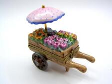 Limoges France Peint Main Trinket Box Rochard Faux Wood Flower Cart w Umbrella picture