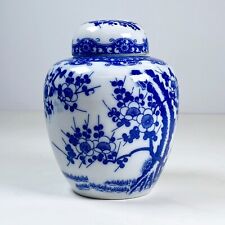 Vintage Japanese Ginger Jar with Lid Blue & White Cherry Blossom Flowers 5