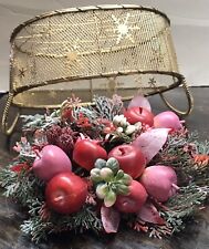 Glittery Gold Oval Snowflake Design Wire Basket W/ Vintage Flower Candle Holder picture
