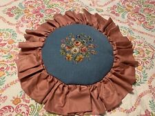 ❤️VINTAGE Pillow NEEDLEPOINT Floral Round Antique blue, Pink Sateen Ruffle picture