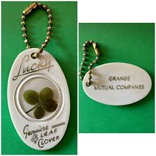 Vintage Lucky Charm Keychain  60s 70s Real 4 Leaf Clover / Grange Insurance picture