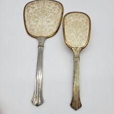Vtg Antique Vanity Dresser Set Hand Held Mirror Hair Brush Silver Gold Floral picture