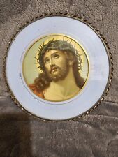 Antique Wall Hanging Metal Rim Jesus Crown Of Thorn Image Litho Religious  picture