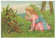 The Great China & Pacific Tea Co Victorian Trade Card Girl In Grass Grasshopper picture