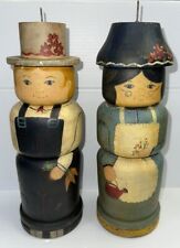 Vintage Folk Art Hand Painted Farmer And Wife Wood Candle Holders 10” picture