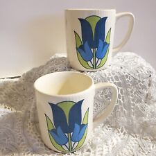 2 Stoneware Coffee Tea Mugs Blue Tulips 1970s MCM Collector Cottage VTG Japan picture