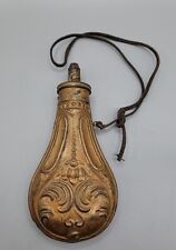 Late 1800s Brass Powder Flask Repousse Swirl Decor Leather Strap picture