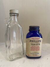 2 Pc Lot Cobalt Blue & Clear Glass Apothecary Drug Bottles Phillip 10 Cents USA picture