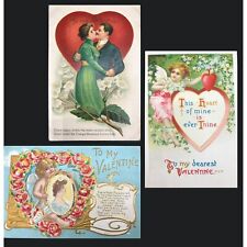 3 Antique Valentine Greetings Embossed Metallic c1900s Postcards Unused Ephemera picture