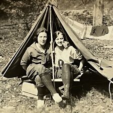 Vintage Snapshot Photograph Young Women Teen Girls On Camping Trip In Tent picture