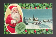 Hearty Christmas Greeting Santa Holly Scenic View Embossed Postcard c1910s picture