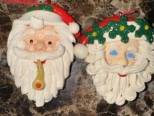 Vintage Santa Heads Holly & Pipe XMas Ornaments Polymer Spaghetti Clay picture