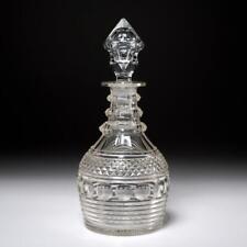 Antique Hand Cut Glass Cross Cut Thumbprint Decanter Four Ring Neck and Stopper picture