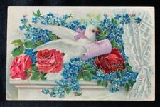 ANTIQUE EMBOSSED BIRTHDAY GREETING POSTCARD DOVE ROSES VIOLETS GILT NEVER POSTED picture