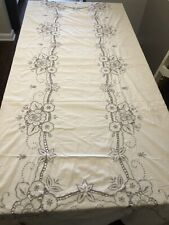 Vintage MADEIRA EMBROIDERED LINEN Banquet cloth 65” X 116” picture