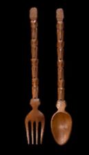 VTG Hand Carved Wood 4 Elephant Fork & Spoon MCM Wall Decor Ornate 26 Inch picture