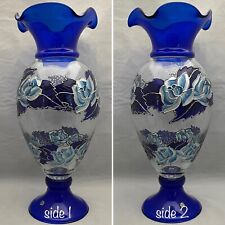 Art Glass Blue Hand Made Floral Vase Signed R&D Made in Thailand 17.5