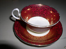 Aynsley England Bone China Teacup and Saucer Burgundy - Red - Dark Pink - Gold picture