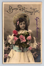 c1905 RPPC French Hand Colored Portrait Young Flower Girl UDB Postcard picture