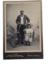 Antique Cabinet Photo Man Standing Next To Bicycle With Little Girl Big Hat picture