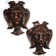 Pair Antique French Carved Wood Lion Heads Wall Mounts picture