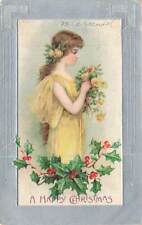 c1905  Young Woman Carrying Roses Art Nouveau Christmas P160 picture
