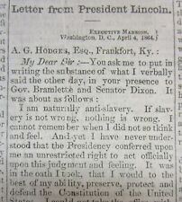 1864 Civil War newspaper ABRAHAM LINCOLN letter w HIS VIEW on NEGR0 SLAVERY picture