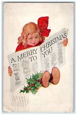 c1920's Merry Christmas Girl Reading Newspaper Berries Frederick MD Postcard picture