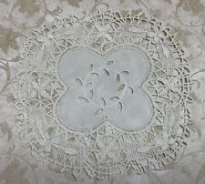 Vintage Round Doily, Cotton With Cut Work Lace, Flowers, Leaves, White picture