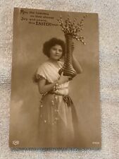 1907-1915 Easter Poem & Photo Postcard Cute Girl in Dress Holding Vase & Flowers picture