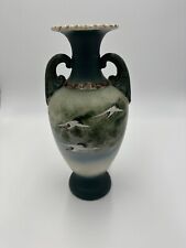 Japanese Satsuma Pottery Urn Style Moriage Vase Vintage Dual Handle StorkPainted picture
