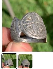 ANCIENT SILVER & IRON WARRIOR SEAL SIGNET RING VIKING OR KNIGHTS TEMPLAR SIZE 12 picture