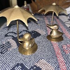 Vintage Pair Of Brass Ducks W/ Umbrellas Decor/Paper Weight picture