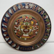 Vtg Mayan Aztec Calendar Plate Pressed Copper Enamel Wall Hanging 4” Collector picture