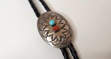 Vintage Navajo Sterling Silver Bolo Tie Coral Turquoise Leather picture